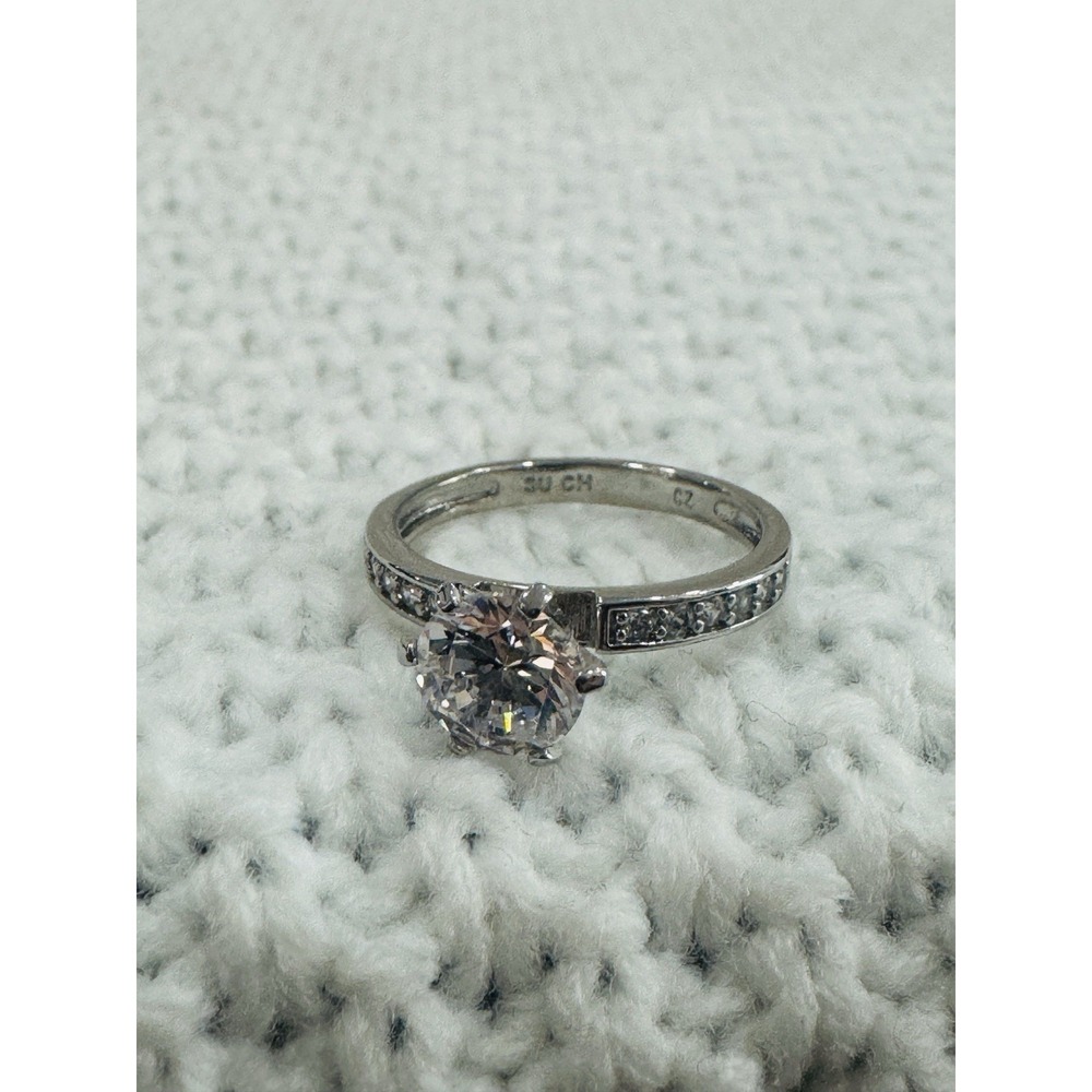 Silver Tone Cubic Zirconia Round Solitaire Pave Engagement Ring Size 6
